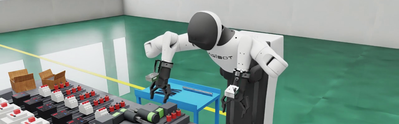 Third-person view of a humanoid robot at a reconstructed industrial workcell in the Merit Robotics digital-twin prototype
