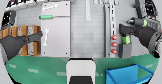 First-person robot view showing tools and components in the reconstructed digital workcell